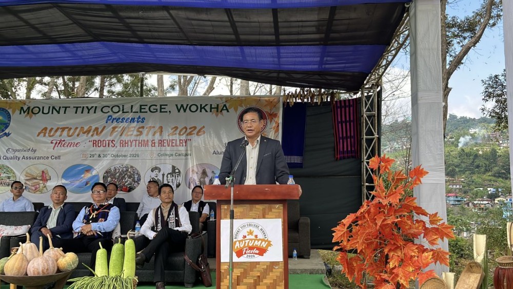 MLA and Advisor for Agriculture Mhathung Yanthan addresses the gathering during the Mount Tiyi College Autumn Fiesta in Wokha on October 29.